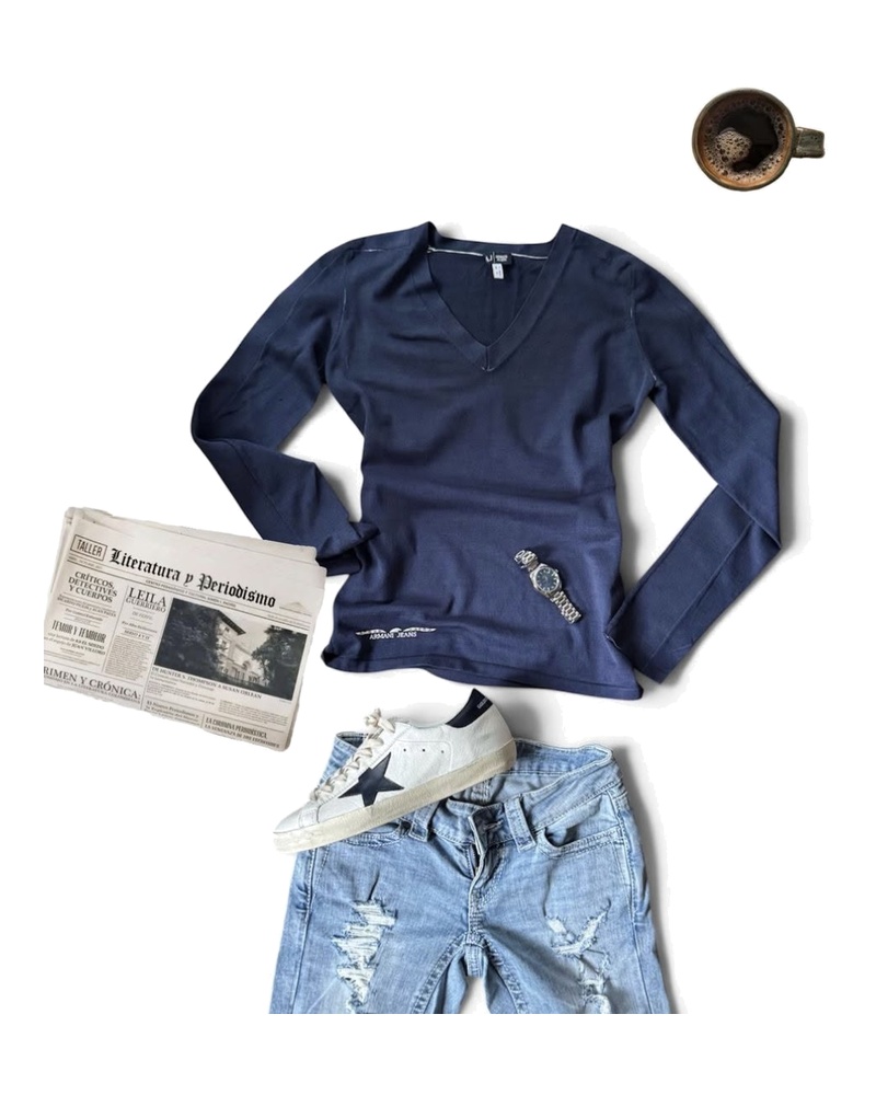 Styling inspiration for V Neck Long Sleeve Top, Navy